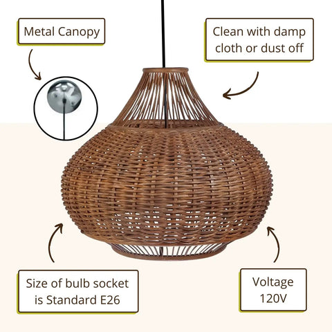 Wicker Pear Pendant Light With Bamboo Ball Design, brown finish, showcasing metal canopy, bulb socket E26, voltage 120V, 18 by 15 inches.