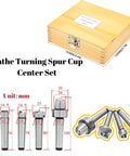 Wood lathe center set in a wooden box; 4 MT1 live centers with spur cup tips for wood turning.