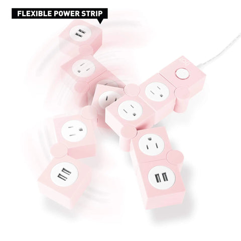 Pink Power Strip With Surge Protection, 3 AC Outlets And 2 USB Ports, Flexible Twist Design For Desk Or Floor
