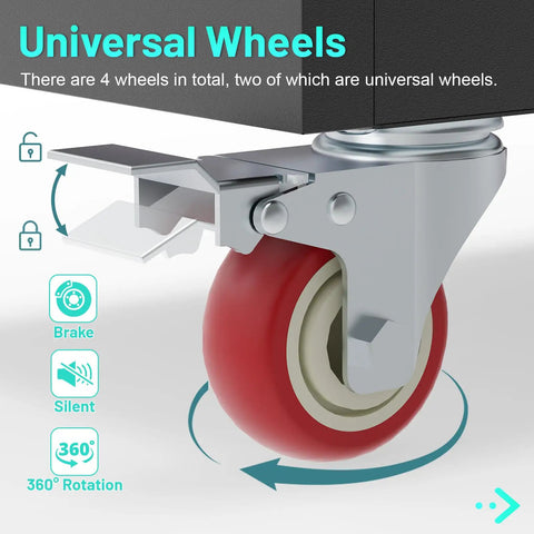 Universal wheels feature of 71 Inch Steel Garage Storage Cabinet On Wheels Lockable Metal Tool Cabinet With Four Adjustable Shelves Built Tough For Home Basement And Workshop Black, showing red wheel detail.