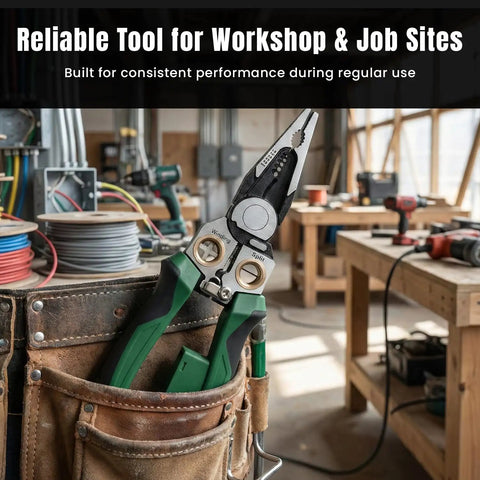 8 In 1 Wire Stripper And Do It All Multi Tool Pliers With Built In Voltage Tester Cutter And Crimp Tool Heavy Duty Electrician Hand Tool in workshop.