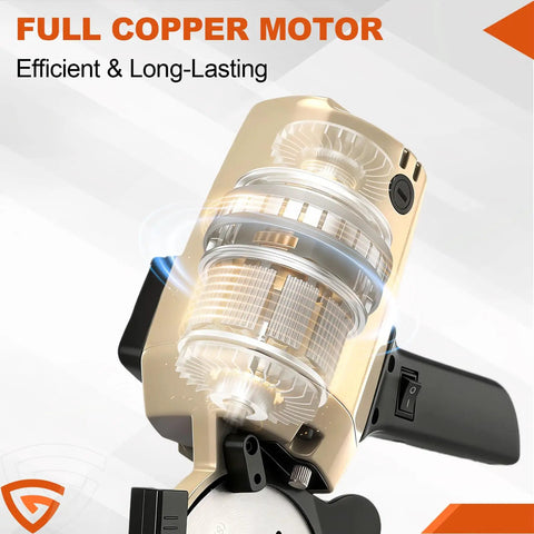 Gearpass 250W Electric Fabric Cutter With Extra 4-Inch Rotary Blade And Auto Sharpener Handheld Cloth Cutting Machine showing full copper motor.