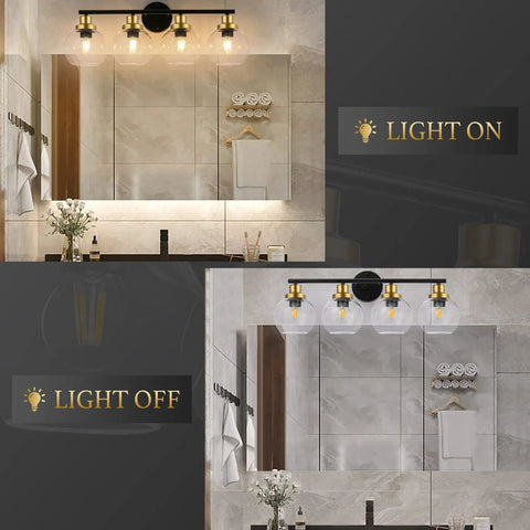 4 Light Vintage Style Bathroom Vanity Light Fixture With Clear Globe Glass Shades, Black And Brass Gold Accents, Light On and Off