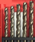 Professional 19 Piece Cobalt Drill Bit Set M35 Hssco 1.0 To 10mm Spiral Twist Bits, five bits in storage case.