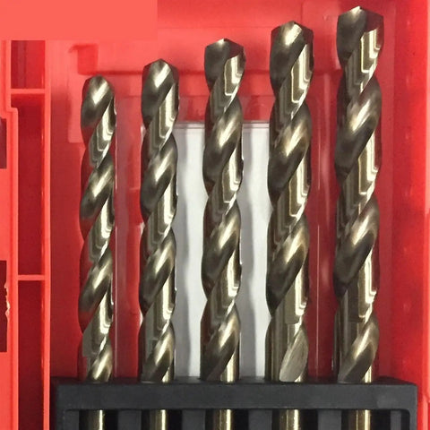 Professional 19 Piece Cobalt Drill Bit Set M35 Hssco 1.0 To 10mm Spiral Twist Bits, five bits in storage case.
