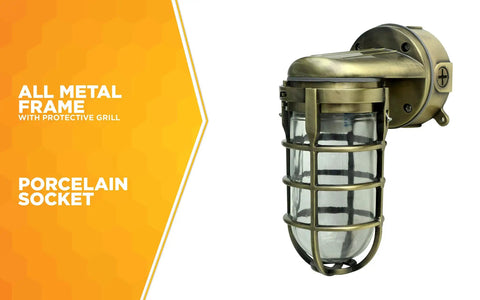 Industrial 100W Incandescent Wall Mount Light in Antique Brass, Built Tough Weatherproof Metal Die Cast Construction With Tempered Glass Lens And Protective Cage, Indoor Outdoor Lighting Fixture For Dwellings Shops And Patios