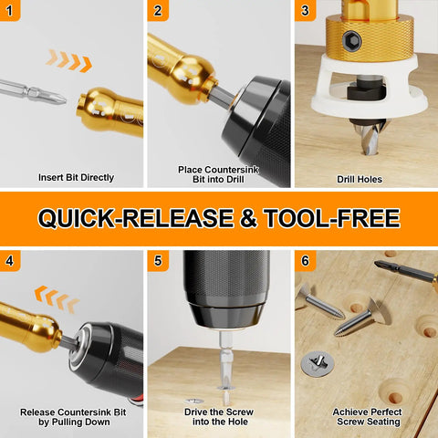 Heavy Duty 1/8X3/8 Countersink Drill Bit Kit With Phillips Driver shown in use for quick-release and tool-free operations.