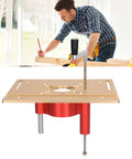 Heavy Duty Router Lifter System Kit With Crank Handle For Small Router Tables, precision aluminum lift shown on workbench.