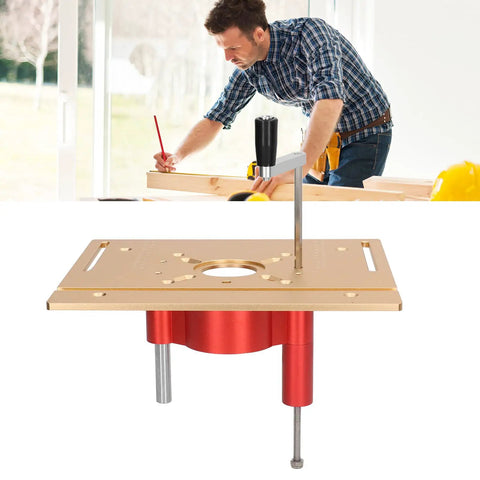 Heavy Duty Router Lifter System Kit With Crank Handle For Small Router Tables, precision aluminum lift shown on workbench.