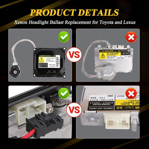 Comparison of HID Headlight Ballast Control Unit With Igniter for Lexus, showcasing correct and incorrect models.