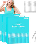 Sticky Ear Wax Remover Sticks For Gentle Cleanout Reusable Ear Picks Kit shown with three blue boxes and a user demo.