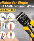 Self Adjusting 3 In 1 Wire Stripper Cutter And Crimp Tool For 10 24 AWG Electrical Cables No Fuss Auto Adjustable Durable Black And Yellow Hand Tool For Home DIY And Automotive Repair Pro Projects being used on wire