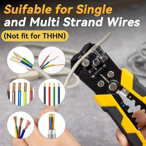 Self Adjusting 3 In 1 Wire Stripper Cutter And Crimp Tool For 10 24 AWG Electrical Cables No Fuss Auto Adjustable Durable Black And Yellow Hand Tool For Home DIY And Automotive Repair Pro Projects being used on wire