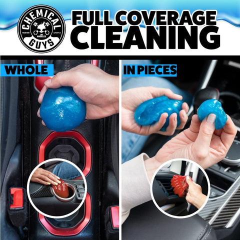 Sticky Icky Car Cleaning Gel With Green Apple And Strawberry Scent Fast Detailing Kit in use on car cup holder and dashboard