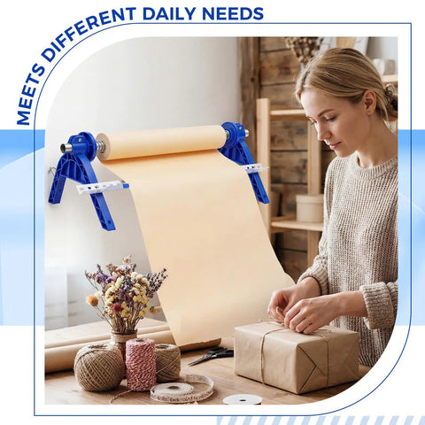 Nifty Paper Dispenser Cutter With Adjustable Mount And Built In Trimmer Plus Heavy Duty Brown Kraft Paper Roll Ideal For Shipping And Packing Straight Up Genius Kit Built Like A Tank being used to cut packing paper.