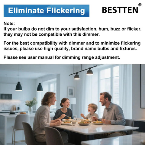 3 Pack Quiet Slide Dimmer Light Switches, Ultra Slim Rocker, No Fuss Install, Single Pole Or Three Way Dimmable, 300W LED And CFL, 600W Incandescent, ETL Listed, White installed in a bright dining room