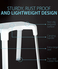 Close-up of Indoor Shower Bench With Extra Large Non Slip Seat And Spa Vibe At Home Rustproof Aluminum Legs details.