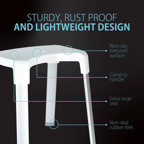 Close-up of Indoor Shower Bench With Extra Large Non Slip Seat And Spa Vibe At Home Rustproof Aluminum Legs details.