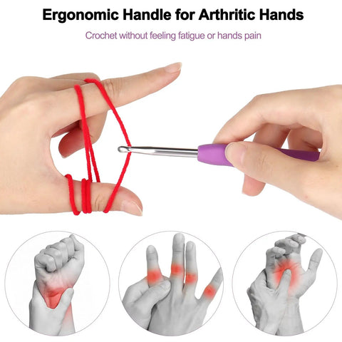 Hands using ergonomic crochet hook with yarn from 85-Piece Crochet Hooks Kit with Case, Ergonomic Hooks in Stainless and Aluminum.