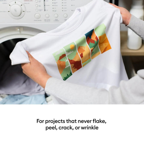 Person holding a shirt with vivid sublimation design near a washing machine, showcasing Premium Sublimation Paper Pack 100 Sheets 8.5 By 11 Letter Size For Vivid Color Transfers That Are Peel Proof And Wash Proof Great For DIY Heat Press Projects And Works With Sublimation Printers And Inks 120gsm.