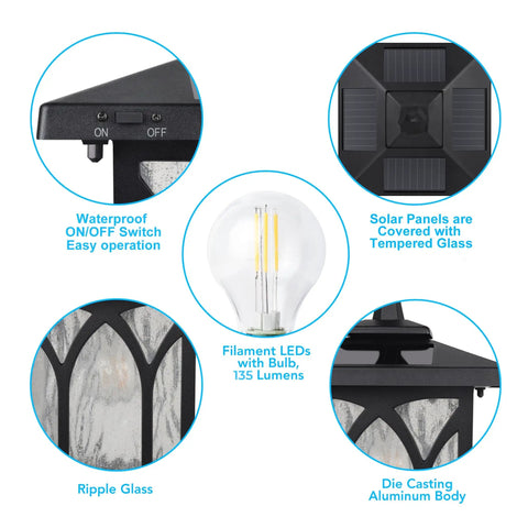 Solar Post Light Outdoor Cast Aluminum LED Lamp Fixture With 3 Inch Fitter Base and detailed construction elements.