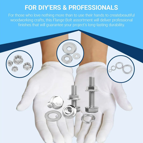 284Pcs 304 Stainless Steel Heavy Duty Flange Bolt Nut Washer Assortment shown in gloved hands with diagrams
