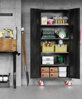 71 Inch Tall Lockable Garage Storage Cabinet On Wheels With Four Adjustable Shelves, black steel cabinet in garage with tools and supplies