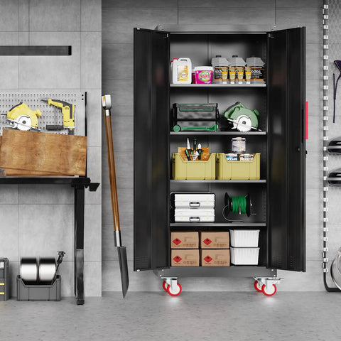 71 Inch Tall Lockable Garage Storage Cabinet On Wheels With Four Adjustable Shelves, black steel cabinet in garage with tools and supplies