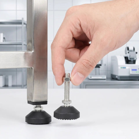 Adjustable Leveling Feet Anti Vibration Stabilizer M10 6 Pack With Rubber Pads for workbenches and furniture stability shown in use