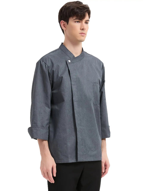 Men Professional Chef Coat Jacket Featuring Lightweight Breathable Fabric With Practical Sleeve Pocket And Sturdy Button Closure Pro Kitchen Workwear Uniform Jacket Designed Tough For The Daily Restaurant Grind, gray short sleeve style.