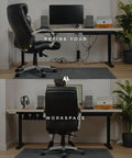 Before and after of a desk using Under Desk Cable Management Tray 2 Pack For MacBook Chargers And Power Strips Cord Organizer For Standing Desks