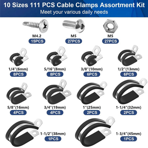111 Piece Cable Clamp Set With Ten Sizes For Wires And Hoses 304 Stainless Steel P Clamps With Rubber Cushions and accessories