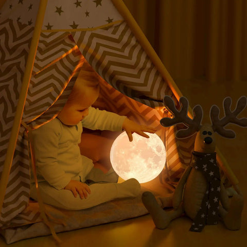 Kid Safe Nursery Night Light With 128 Color Changing LEDs in a tent with a baby, showcasing its stepless dimming capability.