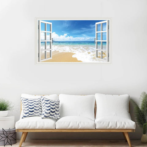 Beach Seascape 3D Fake Window Wall Sticker Removable Faux Window Decal Landscape for Living Room and Bedroom
