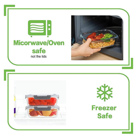24 Piece Borosilicate Glass Food Storage Set With Snap Locking Lids Airtight Meal Prep Containers shown in oven and freezer