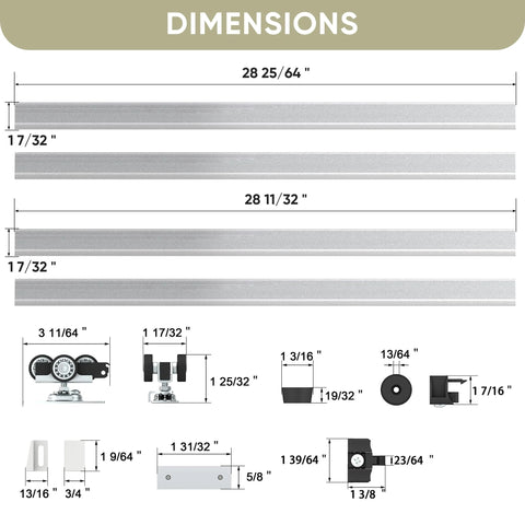Diagram of Double Pocket Door Track Kit with 10 Ft Rails, 2 Sets Of 56.7 Inch Spliced Rails for double doors 48-60 inches wide.