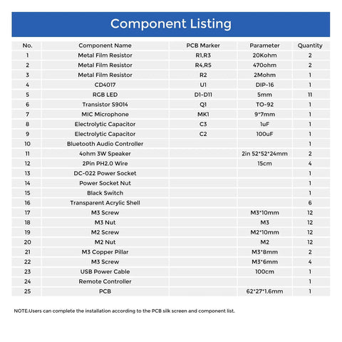 Component list for DIY Bluetooth Speaker Kit With USB Mini Stereo Amplifier Soldering Kit LED Lights Transparent Case