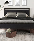 Heavy Duty Full Size Bed Frame With Wooden Headboard And Footboard In Black Oak, Built Like A Tank Steel Support, Dead Silent Slats, 800 Pound Rating For Serious Bedroom Setups in modern bedroom setting with decor.