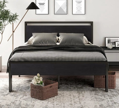 Heavy Duty Full Size Bed Frame With Wooden Headboard And Footboard In Black Oak, Built Like A Tank Steel Support, Dead Silent Slats, 800 Pound Rating For Serious Bedroom Setups in modern bedroom setting with decor.