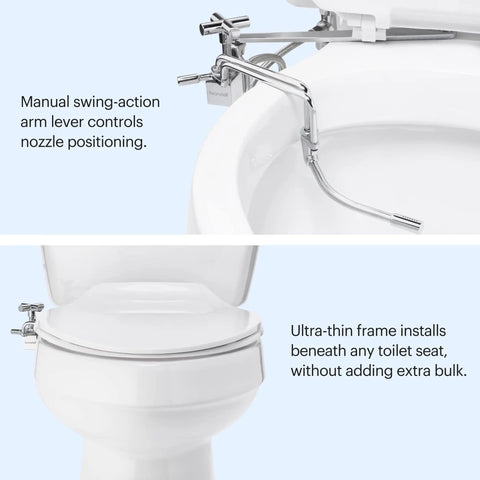 Side Mounted Manual Bidet Attachment With Adjustable Sprayer And Water Pressure, Ultra Thin Profile Toilet Seat Add On, Chrome Finish