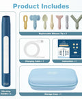 Clean Setup Oral Motor Vibration Kit With Seven Swappable Textured Silicone Heads For Mouth Muscle Tone And Sensory Relief Including Rechargeable Handle And Travel Case, showing vibrating handle, silicone tips, charging cable, instruction manual, and blue storage case.