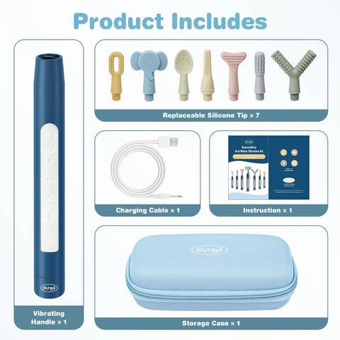 Clean Setup Oral Motor Vibration Kit With Seven Swappable Textured Silicone Heads For Mouth Muscle Tone And Sensory Relief Including Rechargeable Handle And Travel Case, showing vibrating handle, silicone tips, charging cable, instruction manual, and blue storage case.