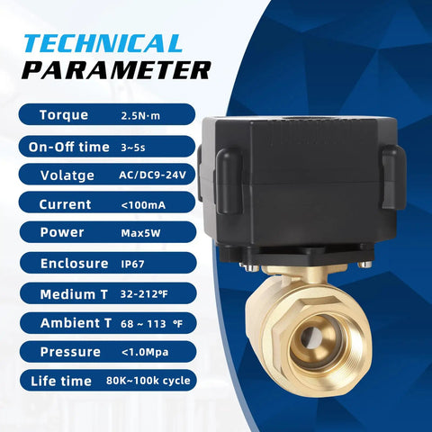 1 Inch Motorized Brass Ball Valve Full Port With Auto Return 2 Wire Electric Water Valve 9 24V AC DC Easy Install Technical Specs