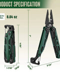 Front and side view of CNC Machined Multitool Pliers 27 In 1 EDC Tool with dimensions, for camping and hiking.