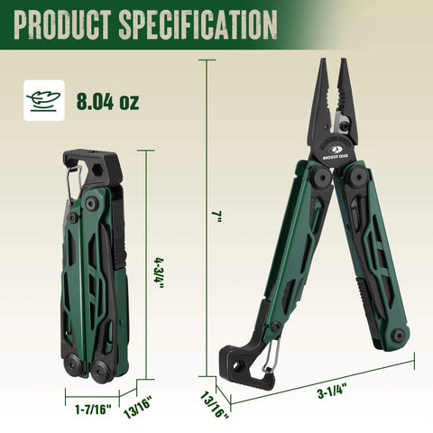 Front and side view of CNC Machined Multitool Pliers 27 In 1 EDC Tool with dimensions, for camping and hiking.