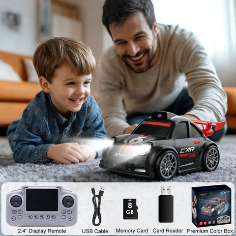 Child playing with FPV Mini RC Car With Camera And 2.4 Inch Screen, Dual Control Via Remote Or App, 360 Degree Drift Capable