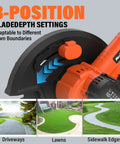 Close-up of lawn edger showing 3-position blade depth settings with images of driveways, lawns, and sidewalk edges in use.