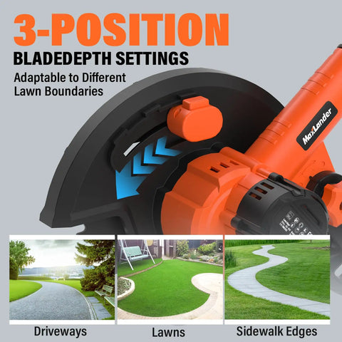 Close-up of lawn edger showing 3-position blade depth settings with images of driveways, lawns, and sidewalk edges in use.