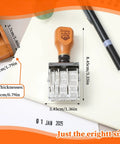 Top Shelf Adjustable Roller Date Stamp Nail Those Day Month Year Marks Zero Hassle on a notebook with measurements.