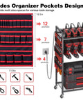 Heavy Duty Power Tool Organizer Cart With Charging Station On Wheels 8 Outlets And 8 Slots Cordless Drill Holder With Drawers Rolling Garage Organizer For Men Powerful Mobile Workshop Storage Solution with side organizer pockets design for tool storage.